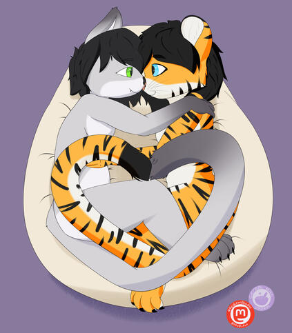 Drawing of an anthro tiger and cat cuddling on a beanbag