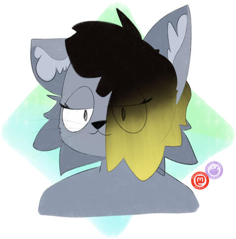 A drawn portrait of an anthropomorphic grey cat with black and blonde hair. She is slightly smug