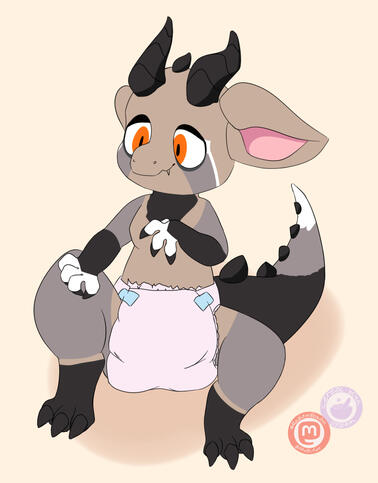 A grey dragon wearing a diaper