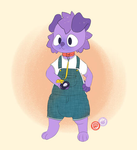 A purple toddler dog with blue overalls