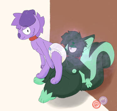 A diapered purple dog farts on a green skunk