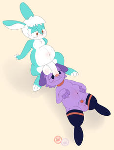 Cyan bunny resting their genitalia on a purple puppy's face